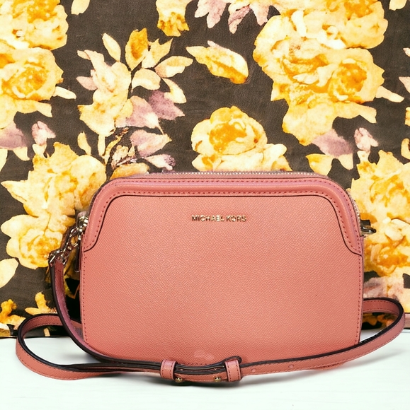 Michael Kors Houston Leather Double Zipper Crossbody Handbag In Grapefruit - Picture 1 of 13